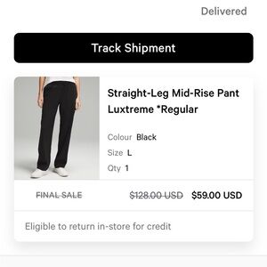 Lululemon straight leg mid rise pant. Size large
